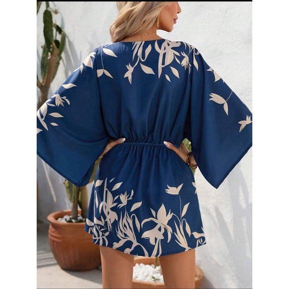 Wide sleeve button down cinched waist dress tropical leaf print tan navy blue - Picture 2 of 4
